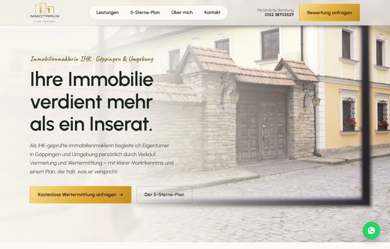 Startseite der Website Immotraum, Immobilienmaklerin in Göppingen