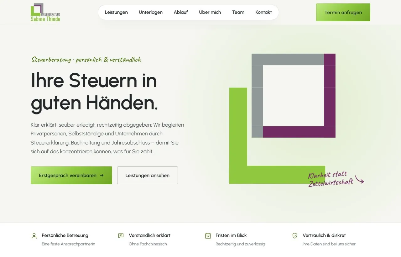 Startseite der Website Steuerberatung Sabine Thiede